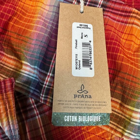 PrAna Ostend NWT Plaid Fireball Short Sleeve Button Down Shirt Men's Size Small - Picture 2 of 6